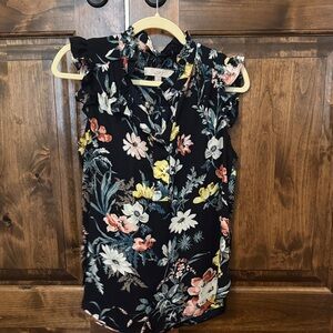 LOFT Navy Floral Ruffle Blouse
